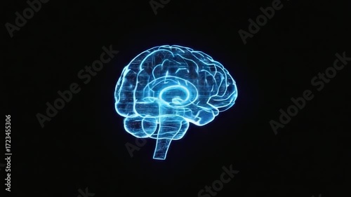 A glowing, digital representation of a human brain against a black background.  The brain's structure is depicted with a network of light-blue lines, creating a 3D effect.