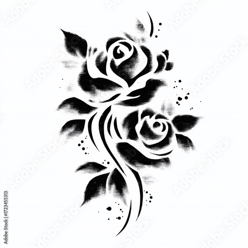 Black and white tattoo of two roses with a black stem. The roses are positioned in a way that they appear to be intertwined, with one on the left and the other on the right