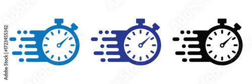 Three stylized stopwatch icons with motion blur effects, representing speed and time, isolated on a white background