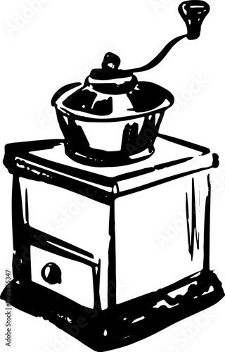 An oldfashioned manual coffee grinder sits on a wooden stand