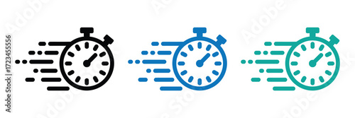 Fast stopwatch icon with motion lines, representing speed and quickness, isolated on white background