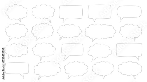 Collection of diverse speech bubble outlines and shapes in a clean silhouette style for communication and thought bubbles