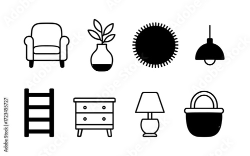 Home decor and furniture icons set. Armchair, vase, rug, lamp, dresser and basket. Black and white vector illustrations