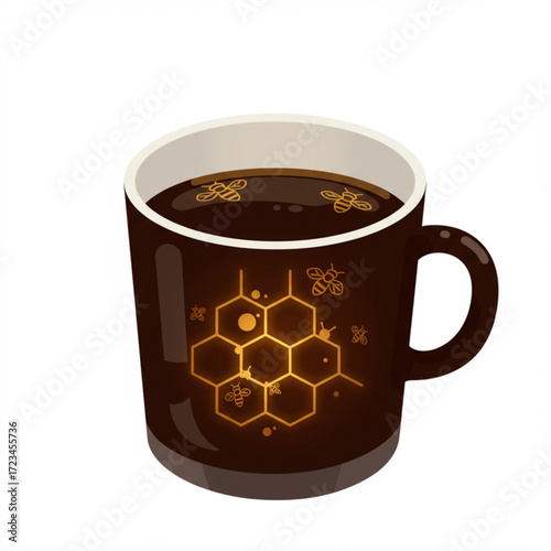 Black Coffee Cup with Honeycomb and Bees Vector Illustration – Creative Concept of Energy, Nature, and Organic Drinks