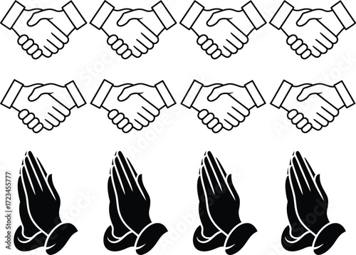 Handshake and praying hands black and white icons
