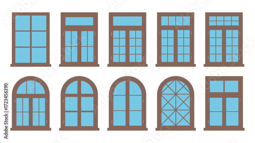 Collection of various architectural window styles and designs in a flat silhouette illustration style silhouette