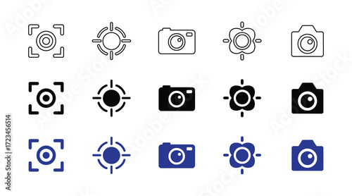Collection of camera icons and focus target symbols in various styles, including outline, solid black, and blue, isolated on a white background