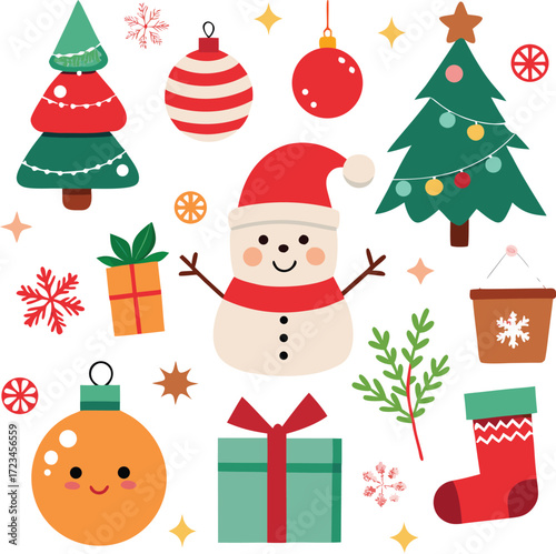 Vector art of a delightful arrangement of christmas symbols including decorated trees, a friendly snowman, ornaments, gifts, a stocking, and snowflakes, all isolated on a