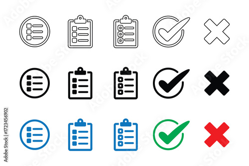 Set of checklist icons, including todo list, clipboard, checkmark, and cross symbols, isolated on white background
