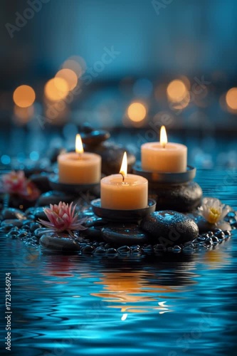 peaceful spa scene with candles and soft blue water reflections creating serene mindful relaxing atmosphere