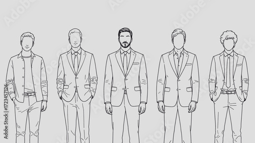 Five stylized male figures in suits and jackets depicted in a minimalist black and white line art silhouette style