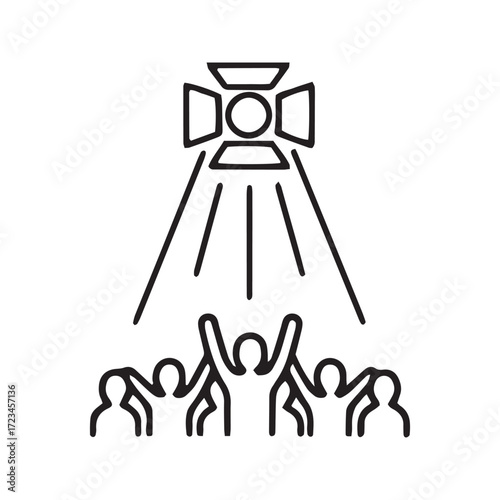 Stage spotlight line icon vector. Simple outline symbol for a show, concert, and performance. Minimalist theater glyph with crowd silhouette for entertainment design.
