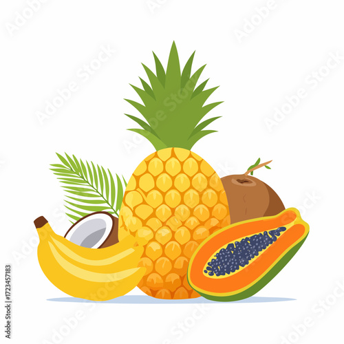 A vibrant arrangement of tropical fruits including pineapple, papaya, banana, coconut, and palm leaf, presented in a colorful and inviting still life.