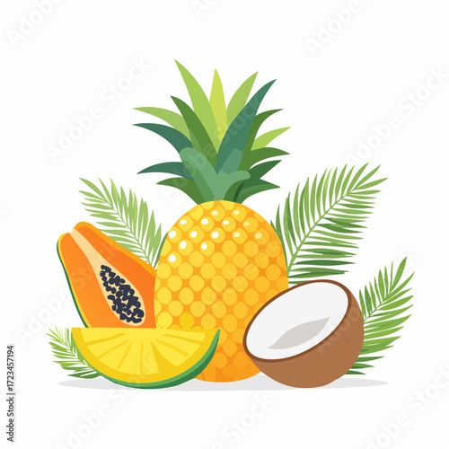 A vibrant arrangement of tropical fruits including pineapple, papaya, coconut, and mango with palm leaves on a white background.