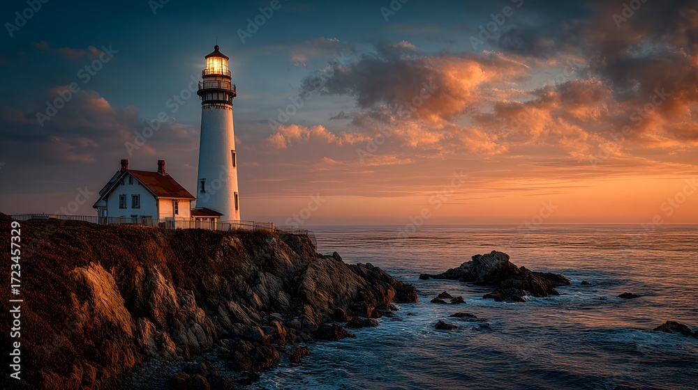 Naklejka premium Majestic lighthouse on a rocky coast at sunset, its bright light shining over the ocean as the sky glows in gradients of orange, yellow, and blue.