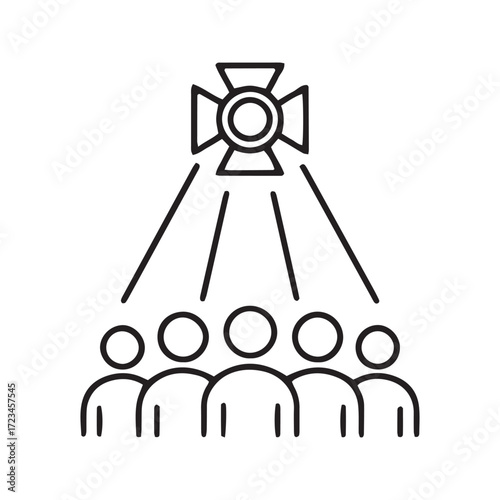 Stage spotlight line icon vector. Simple outline symbol for a show, concert, and performance. Minimalist theater glyph with crowd silhouette for entertainment design.
