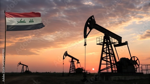 Silhouette of oil pumps against the sunset with flag of Iraq. Iraq Oil Industry concept. Crude oil production from the ground.