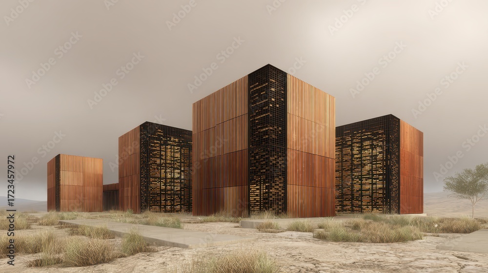 Fototapeta premium Modern Architectural Design with Wood Panels in Desert Landscape