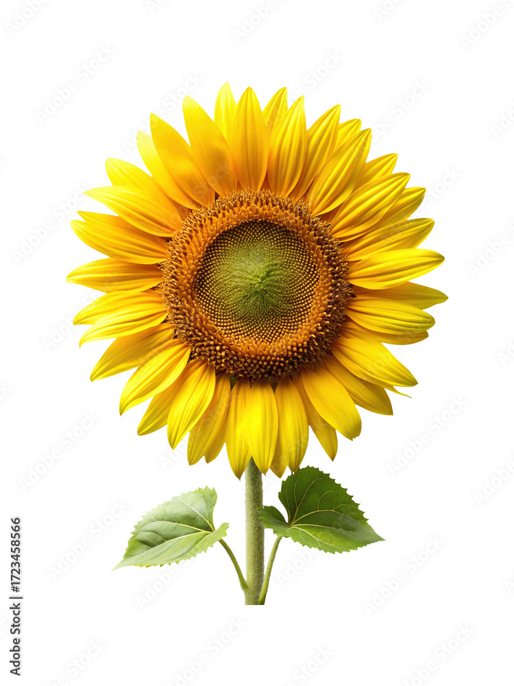 Obraz premium Isolated vibrant sunflower head with stem and leaves against white background