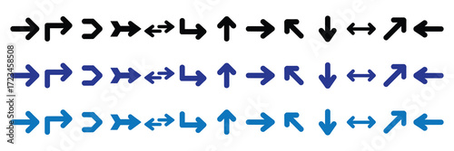 Collection of various directional arrows in black, dark blue, and light blue, arranged in three rows on a white background