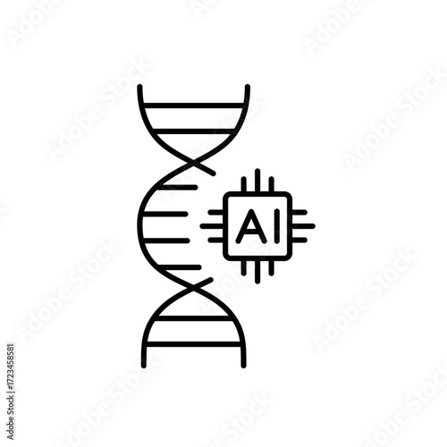 A vector icon of a DNA strand with an AI chip, representing genetic analysis enhanced by artificial intelligence, created in line style with editable stroke