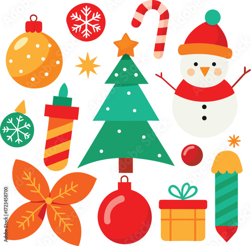 Vector art of a cheerful assortment of christmas symbols such as a snowman, christmas tree, ornaments, candy cane, gift box, and snowflake, isolated on a