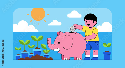 Financial education and savings concept for children. A young boy putting a coin in a piggy bank to learn about saving money for the future.