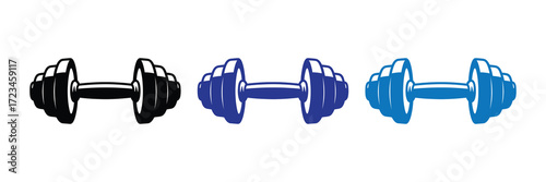 Three stylized dumbbells in black and two shades of blue, isolated on white background