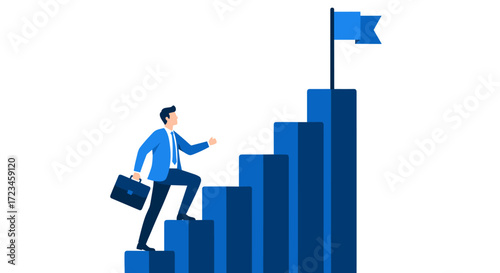Career path and goal achievement concept. A businessman climbing stairs towards a flag, symbolizing success, step-by-step progress, and ambition.