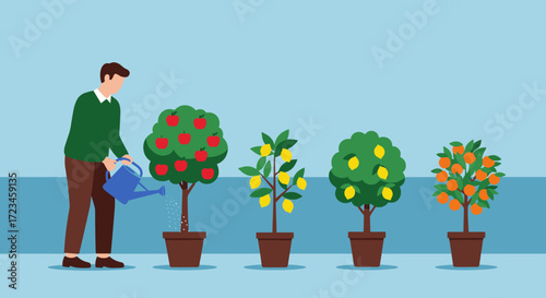 Concept of long-term investment and financial growth. Watering fruit trees symbolizes nurturing assets for a future harvest and return on investment (ROI).