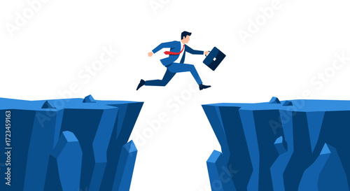 Concept of overcoming challenges and taking risks in business. A brave businessman with a briefcase jumping over a chasm to reach success.