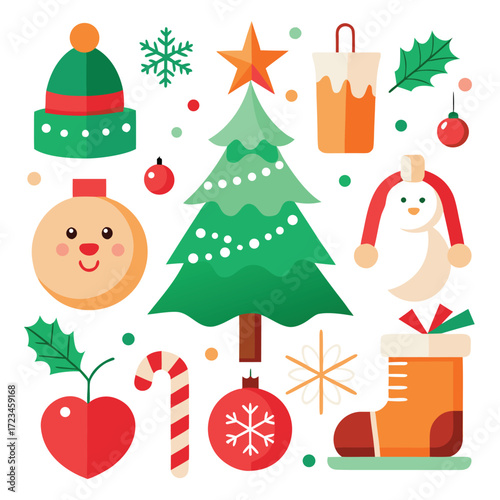 Vector art of a charming compilation of christmas symbols including a festive hat, snowman, christmas tree, gift, stocking, candy cane, and ornaments, all isolated on a