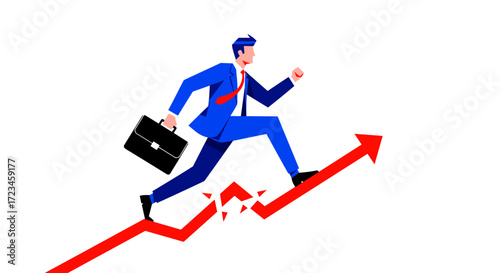 Overcoming challenges for business growth. Vector concept of a businessman showing resilience by running up a broken arrow graph after a crisis.