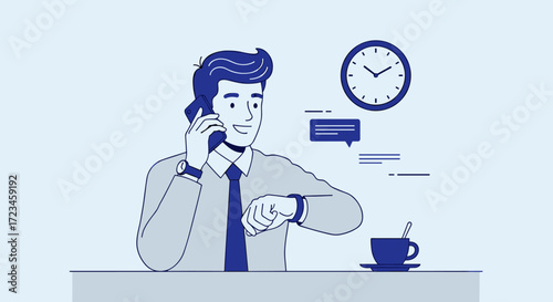Effective time management and customer service concept. A happy businessman multitasking, checking his schedule on a watch during a positive phone call.