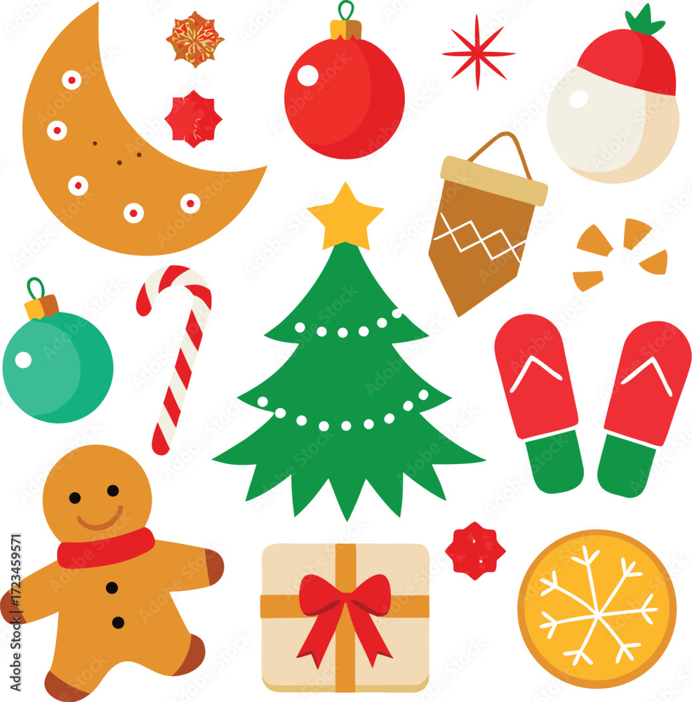 Naklejka premium Vector art of a collection of festive christmas and holiday icons, including a gingerbread man, candy cane, christmas tree, ornaments, snowflakes, and gifts, all isolated on a