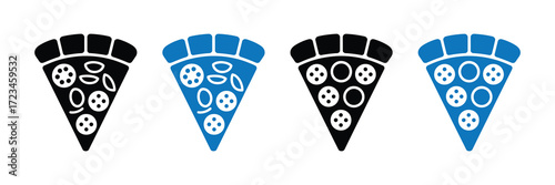 Four stylized slices of pizza, two in black and two in blue, each with different toppings depicted as simple icons, isolated on white background