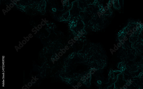 Dark abstract texture with faint glowing teal-green lines forming smoky, cloud-like organic shapes. Mysterious, digital, and atmospheric feel, resembling neon fractals or flowing energy currents