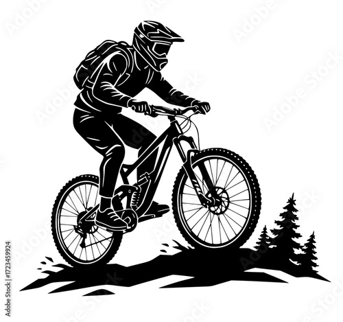Downhill mountain biker riding with a helmet and backpack, mountain biking, downhill, sport, extreme, adventure