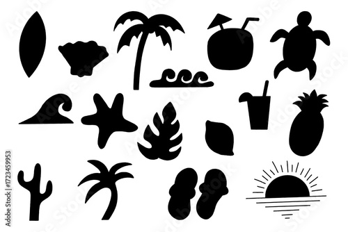 Hawaii Silhouette Set, Hand Drawn set of Hawaiian symbols and elements in Silhouette Style, Hawaiian vector illustration isolated on a background, Tropical Summer Collection