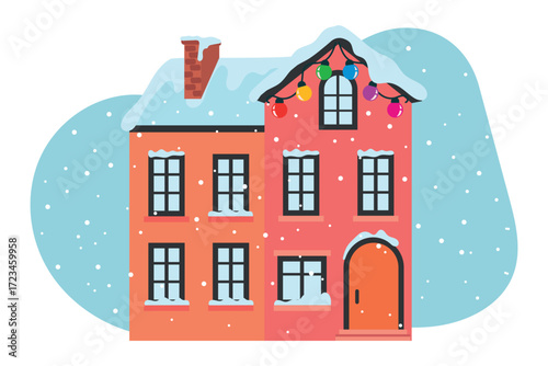 A snow-covered house decorated with garlands. Vector