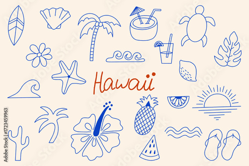 Hawaii Doodle Set, Hand Drawn set of Hawaiian symbols and elements, Hawaiian vector illustration isolated on a background, Tropical Summer Collection