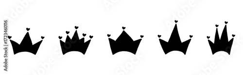 Crowns Icons Silhouette Set, Crown Symbol black silhouette vector illustration isolated on a background, Hand Drawn Royal diadem