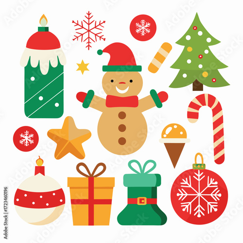 Vector art of a delightful assortment of christmas elements featuring a snowman, decorated christmas tree, gifts, candy cane, snowflake, ornament, and star, presented on a