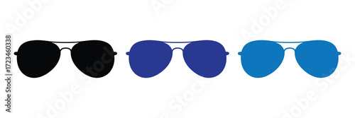 Three pairs of aviator sunglasses, one black and two blue, isolated on white background