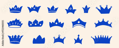 Crowns Icons Silhouette Set, Crown Symbol black silhouette vector illustration isolated on a background, Hand Drawn Royal diadem