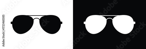 Two aviator sunglasses, one black on white background and one white on black background, representing contrast and duality