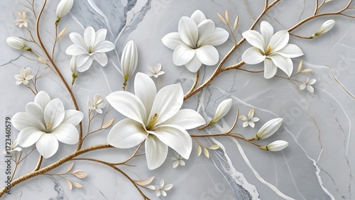 Wallpaper 3D white flowers on abstract gray background. White flowers on light marble background. 3D Mural Wallpaper with white flowers. Luxuary wallpaper design.