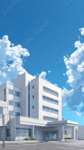 Modern Hospital Amidst Blue Sky: An image showcases a modern hospital building with a clear blue sky as background.