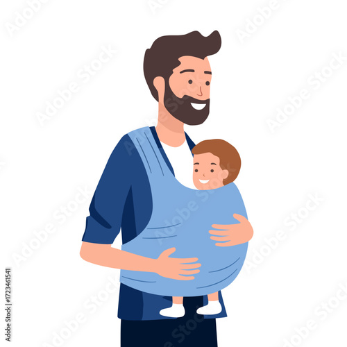 Happy young father carrying baby in sling. Man parent walking with infant, toddler in baby carrier wrap