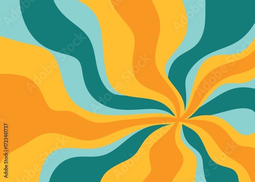 Hand drawn swirl groovy starbust illustration background. Mid century modern blue yellow orange vintage retro wallpaper backdrop, 60s 70s decorative geometric lines rays star sunburst, stylish